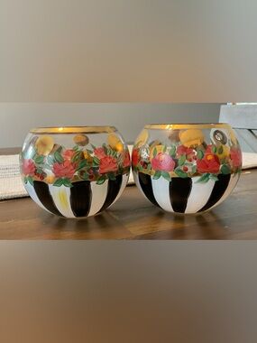 TWO VINTAGE MacKenzie-Childs Hand-Painted Heirloom 3” Glass Votives/Vases